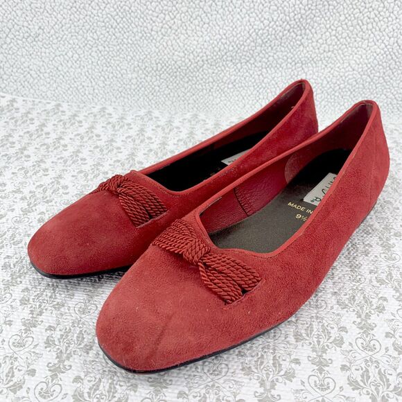 Vintage Unisa Womens Red Suede Flats Slip On Shoes Size 9.5B Roped Bow - Picture 3 of 16